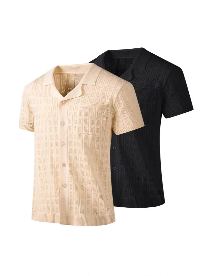 Men's Summer Luxury Fashion 3D Striped Laced Knit Polo Shirts Breathable Turn-Down Collar Short Sleeve Casual Top