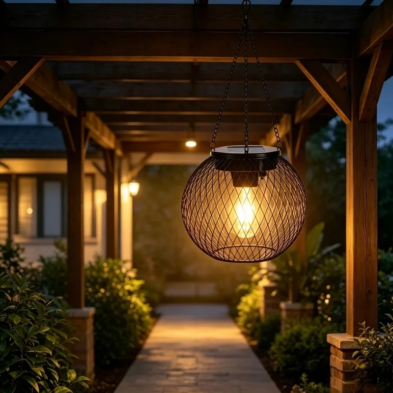 Round Solar Lantern Light, Black Metal Mesh Hanging Lamp with Warm LED Glow for Garden Patio Porch Outdoor Decor Lighting