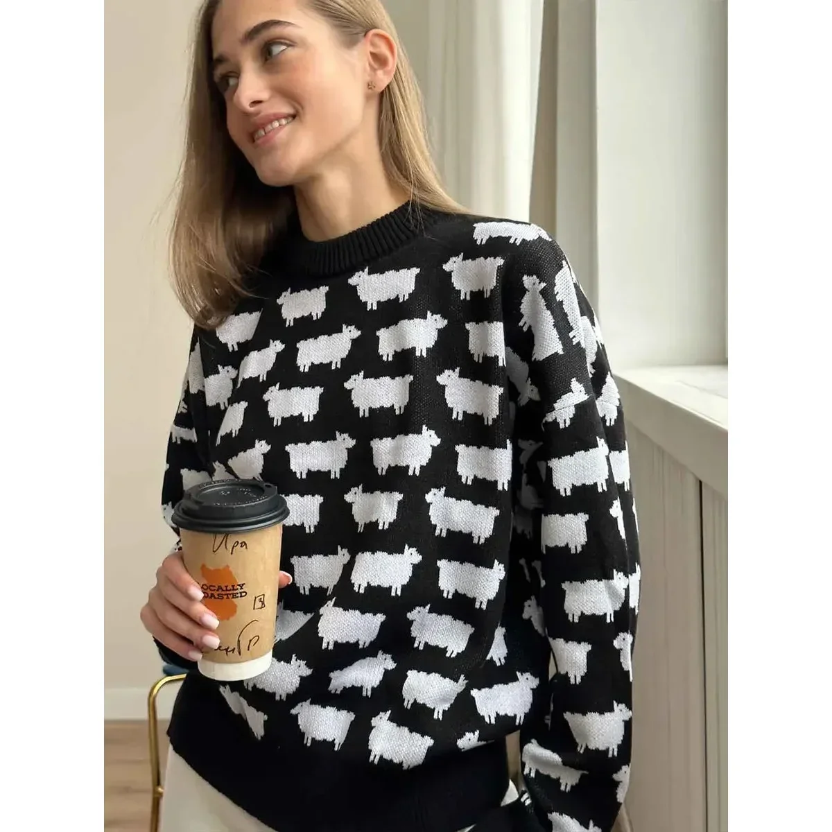 Zekye Autumn Winter Retro Sweater O-neck Alpaca Printed Sweater Women's Loose Casual Mid Length New Warm Pullover Top 2024