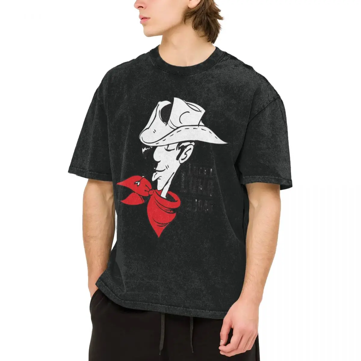 Harajuku 100% Cotton Oversized Tshirt,Men Short Sleeve Tees,Lucky Luke Summer Loose Washed Tops T-Shirt