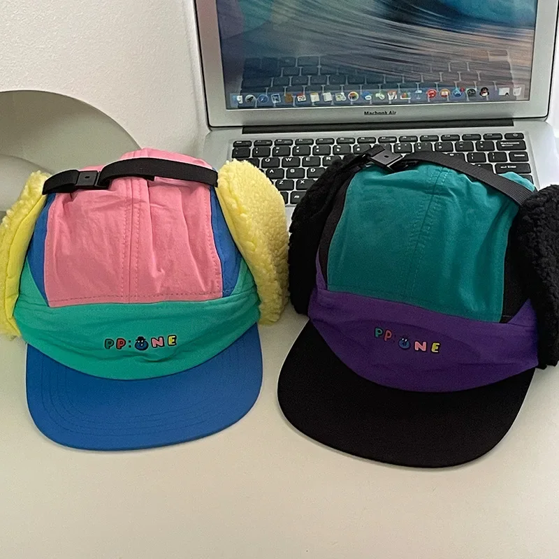 Women Fun Cute Quick-drying Waterproof Splicing 5-panel Baseball Cap Cotton Lamb Wool Ear Protectors Flanged Bomber Hat Winter
