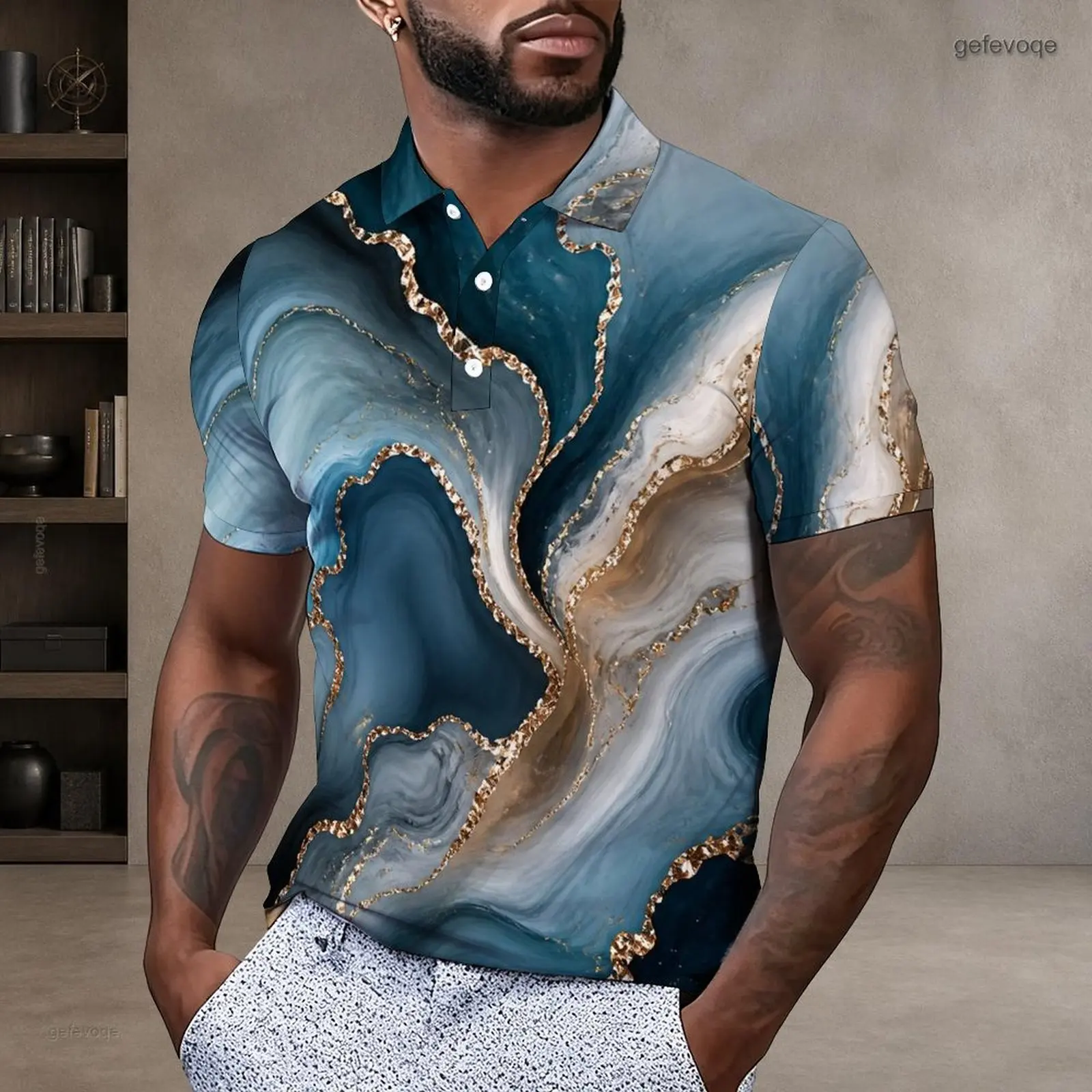 Printed Polo Shirt for Men Short Sleeve Collared Neck Button Placket
