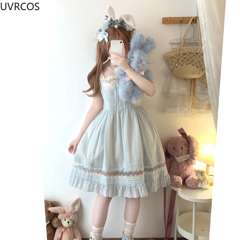 Sweet Elegant Lolita Mini Dress Women Japanese Kawaii Cute Lace Square Neck Fairy Dresses Korean Summer Party Princess Dresses