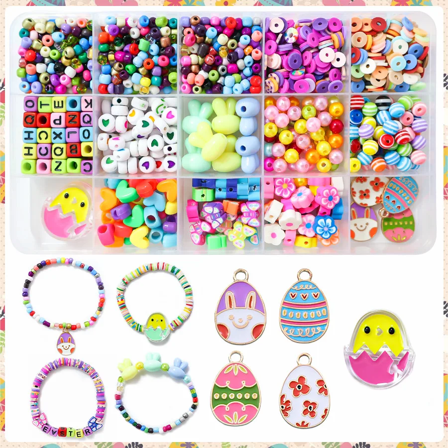 

15 Cells Mixed Easter Egg Beads Polymer Clay Easter Beads Letter Beads Charms Bead for Making Jewelry Diy Bracelets Accessories