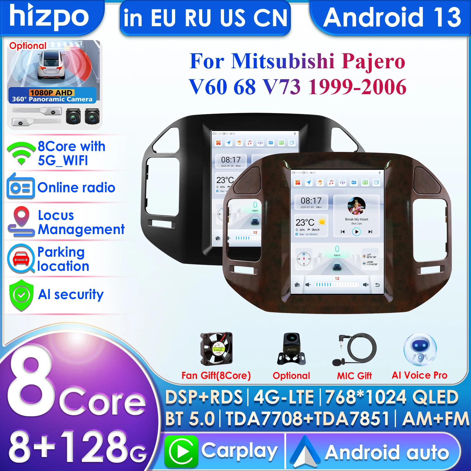 Hizpo Carplay 4G 9.7'' Tesla Style Screen 2Din Android 13 Car Radio for Mitsubishi Pajero V60 V68 V73 1999-2006 GPS Stereo Video