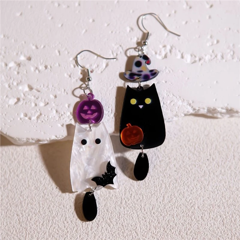 Halloween Asymmetric Dangle Earrings For Women Ghost Black Cat Pumpkin Witch Hat Acrylic Drop Earring Holiday Costume Jewelry