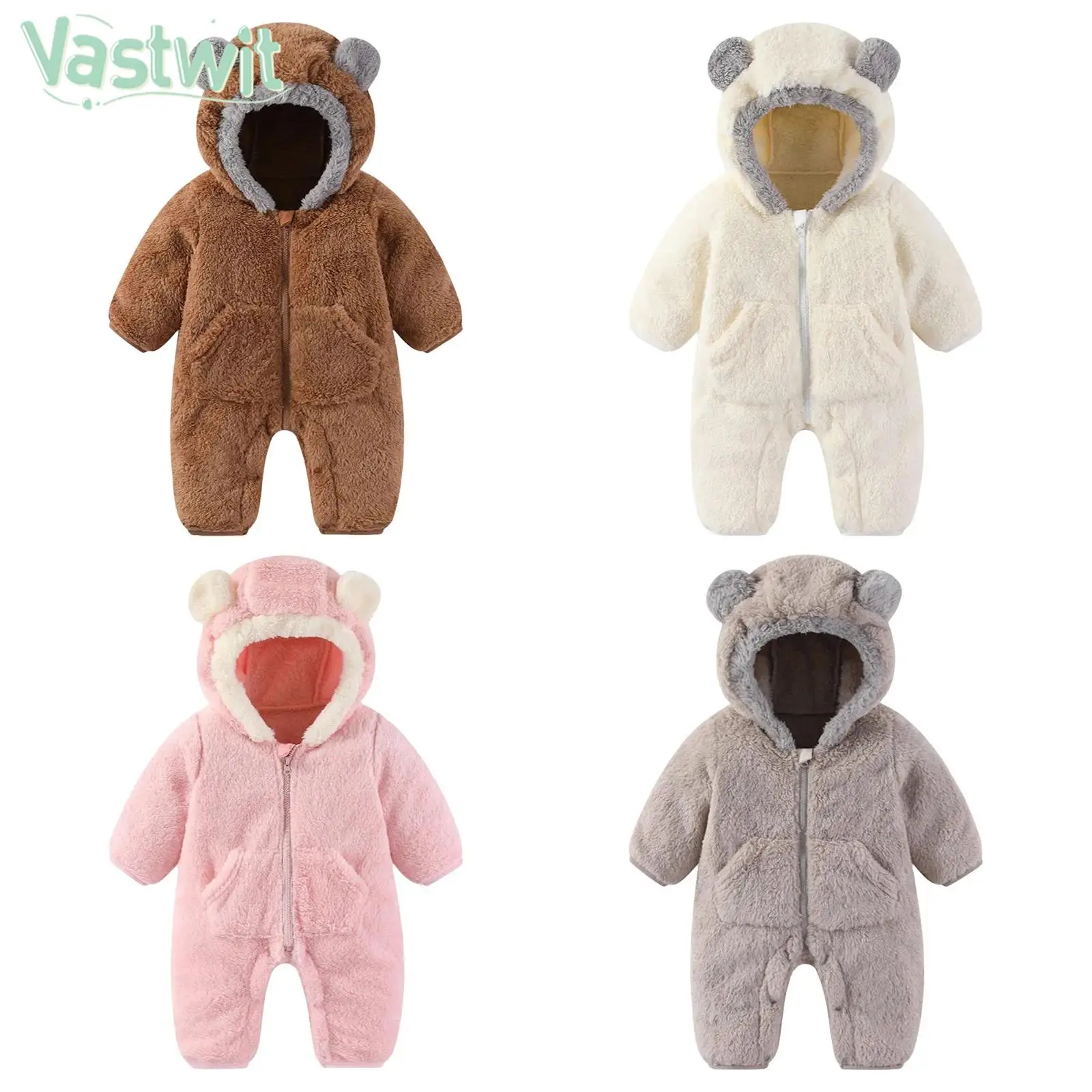

Infant Winter Casual Bear Hooded Rompers Outerwear Long Sleeve Thick Fleece Warm Jumpsuit Coat Bodysuit Loungewear Nightwear