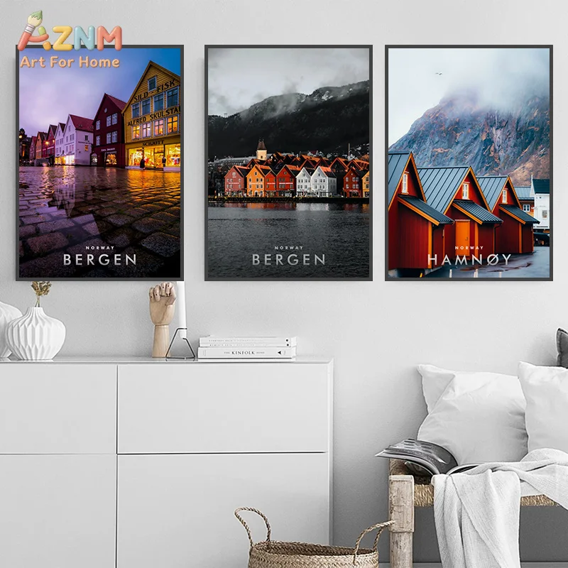 AZNM Norway Lofoten Fjord Landscape Canvas Poster Frameless Wall Art Bergen Hamnøy Aurora Northern Lights Nordic Village Travel