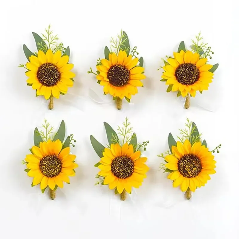 

*z1/6PCS Sunflower Wedding Wrist Corsage And Boutonniere Set For Bride Bridesmaid Men Groom Red Rose Wedding Flower Accessories