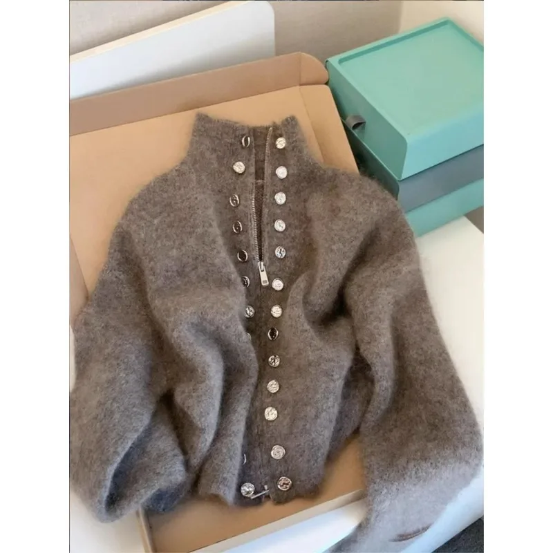 Fluffy Knitted Cardigan Sweater Design Double Breasted Sweater Coat Korean Women Autumn Loose Zipper 2000s Y2k Knit Streetwear