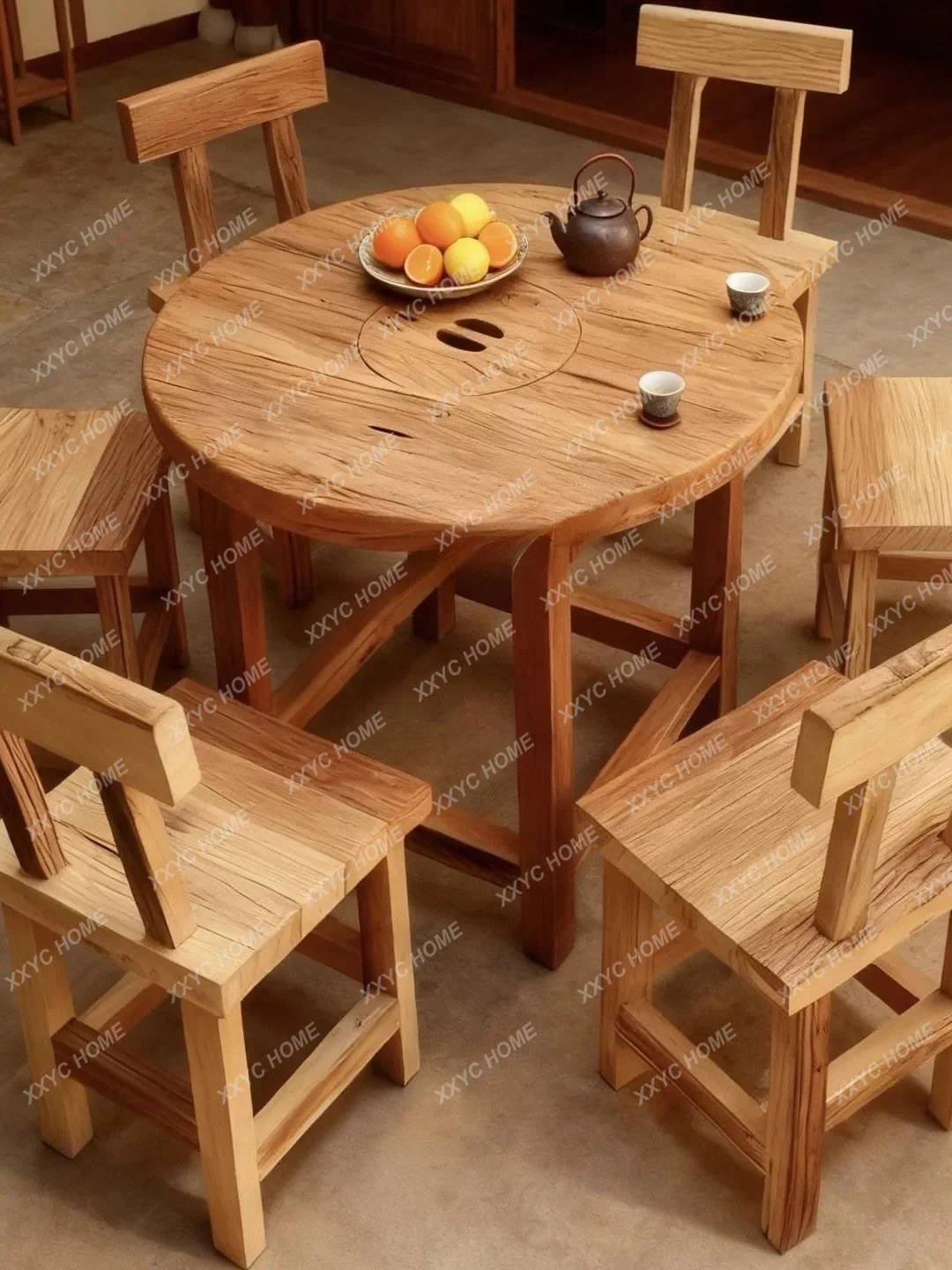 Wabi Sansan Solid Wood Round Dining Table and Chair Combination Log Color Small Unit Enclosure Furnace Charcoal Grilled