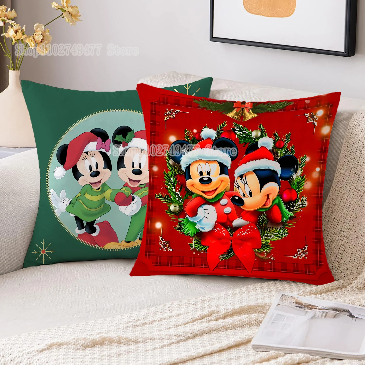 Christmas Disney Mickey Mouse Square Pillowcase Cartoon Cute Sofa Bed Car Decoration Pillow Xmas Atmosphere Dress Up