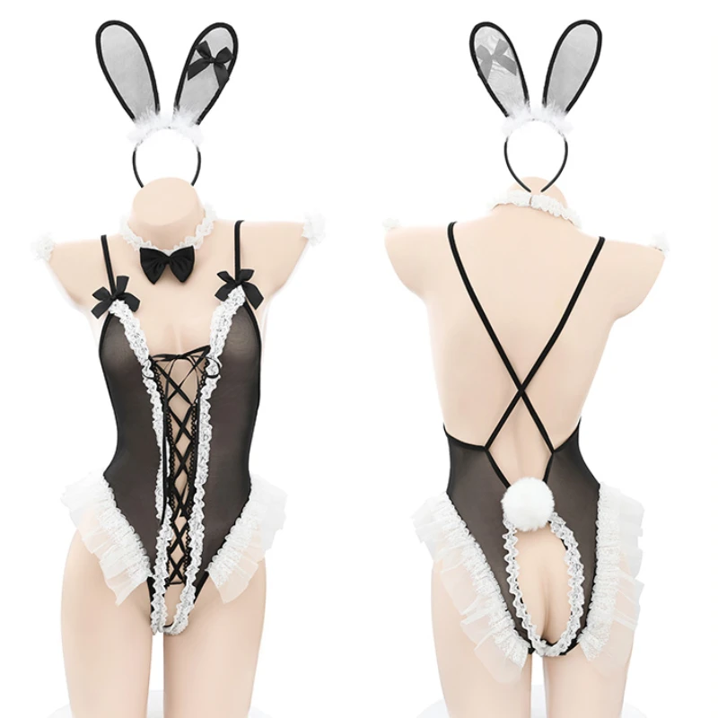 

Sexy Lingerie Cute Bunny girl Hollow Out Bodysuit One Piece Lace Open Crotch Kawaii Couple Role Play Rabbit Butler bar Uniform