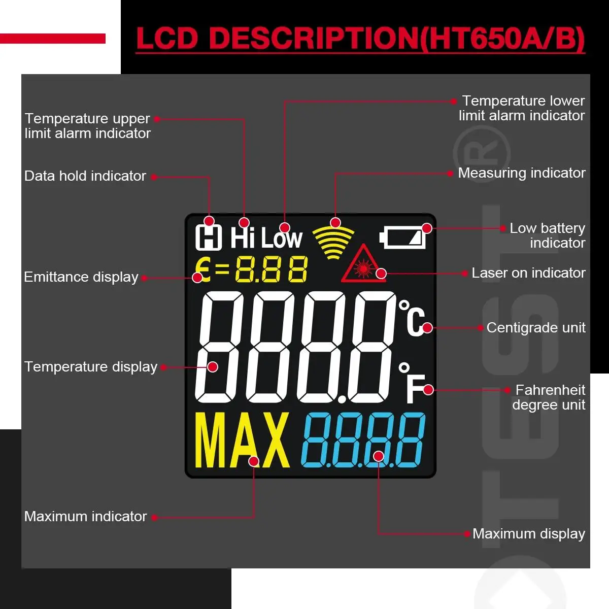 HABOTEST HT650A, HT650B, HT650C Serie Digitale Infrarot-Lasertemperatur Berührungslose industrielle Lasertemperaturmessgerät Temperatu – Detail 8