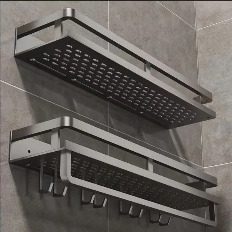 Punch-Free Wall-Mounted Bathroom Shelf, Shower Caddy with Adjustable Hooks for Toiletries & Towels