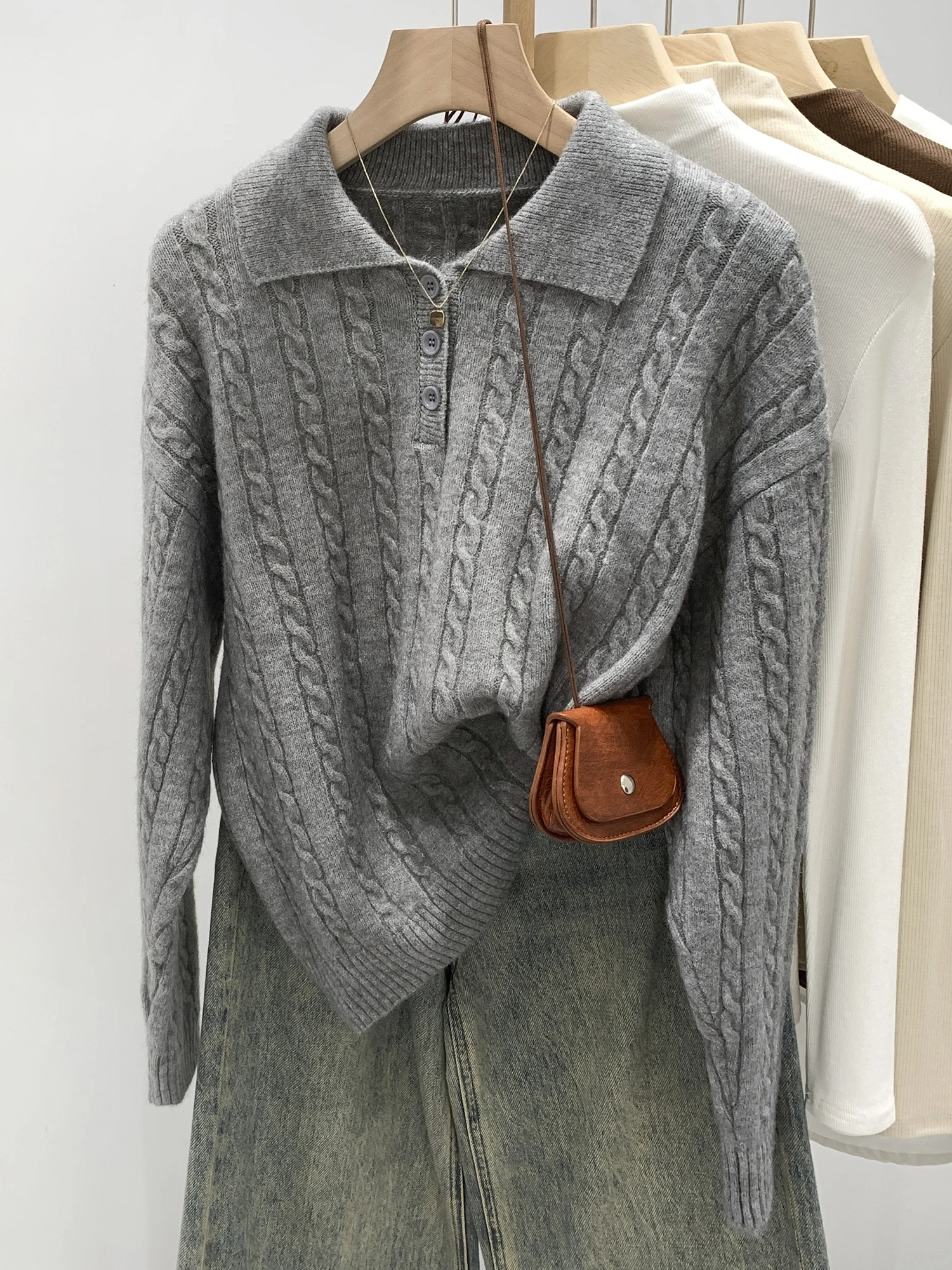

Gray Knitted Shirt Women's Loose Inner Wear Sweater Autumn Winter New Style Casual Fashion Polyester Fiber Long Sleeve
