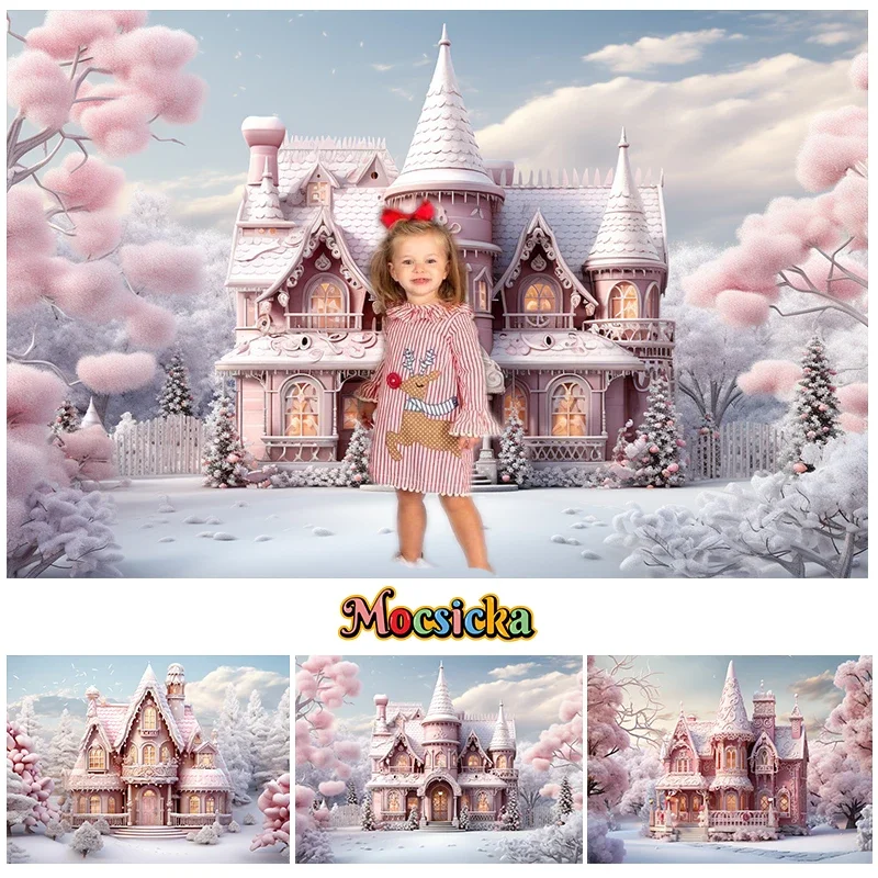 

Mocsicka Winter Pink Castle Photography Background Christmas Tree Forest Snow Decor Kids Portrait Holiday Party Photo Studio