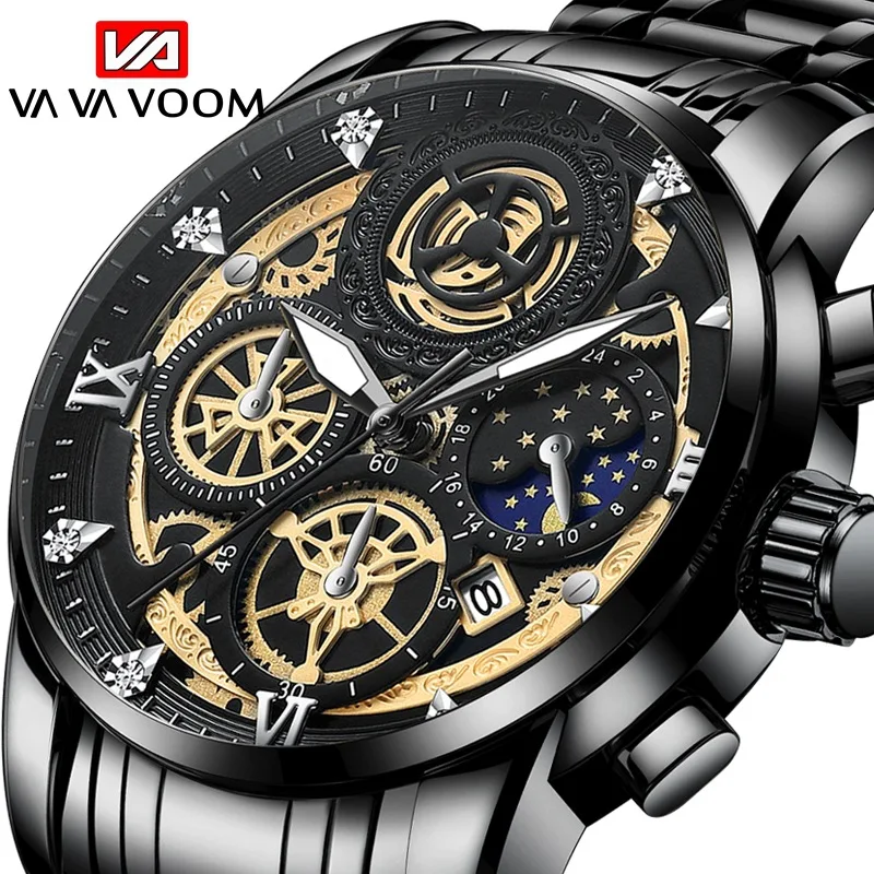 Fashion Men Watch Quartz Movement Automatic Calendar Stainless Steel Luxury Rhinestone Waterproof Elite For Relogio Masculino