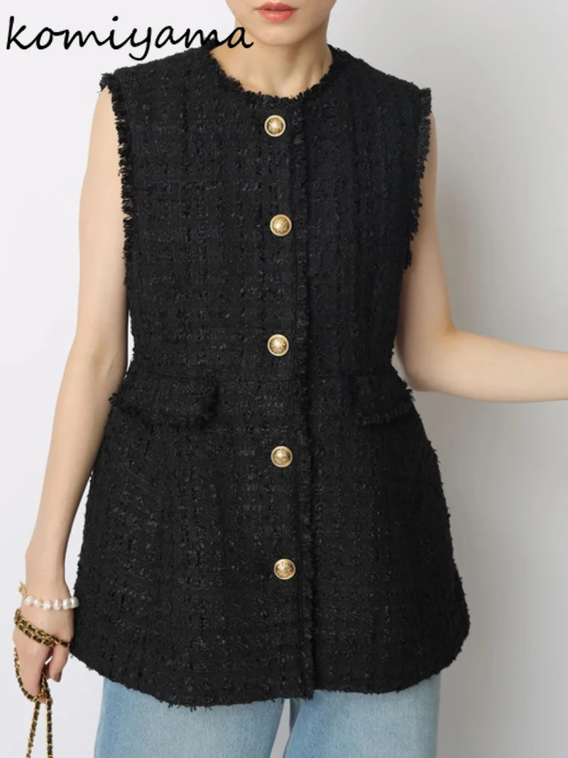 Komiyama Small Fragrance Tweed Tank Top Sleeveless Jackets O Neck Y2k Clothes Spring Single Breasted Vest Women Black Tanks