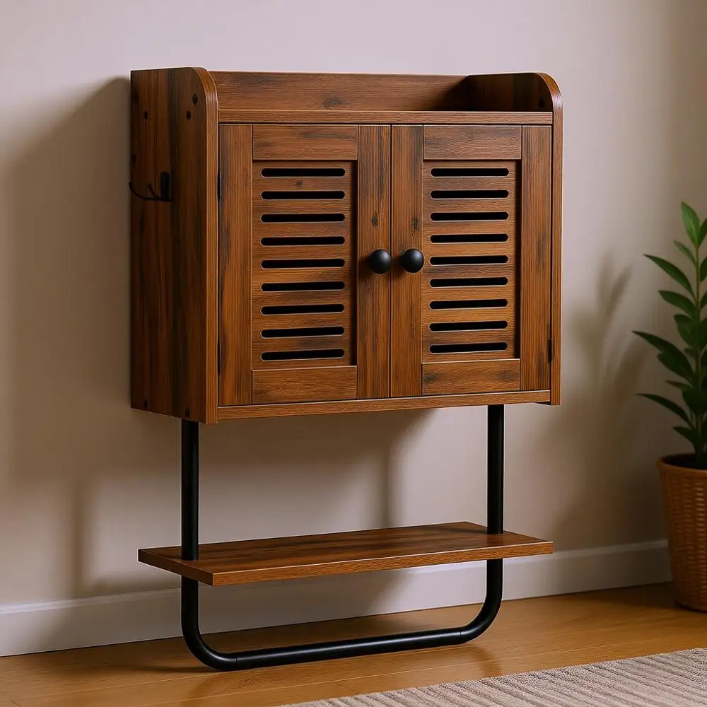 

Double Door Medicine Cabinet with Towel Bar, Adjustable Shelf, Hooks, Over Toilet Storage, Rustic Brown