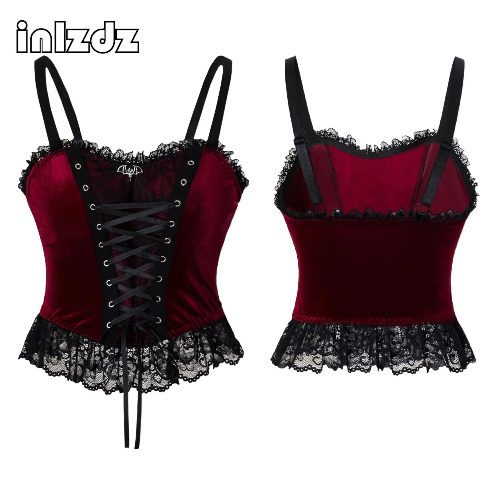 

Womens Vintage Gothic Corset Top Front Lace-up Lace Trim Velvet Bustier Camisole Renaissance Holidays Parties Steampunk Blouses