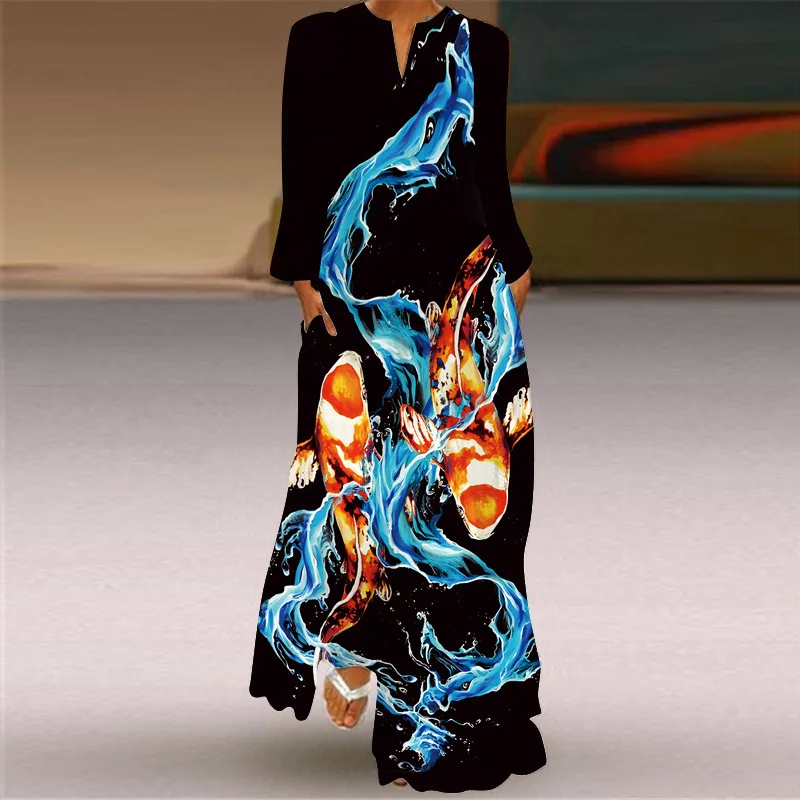 エレガントな女性マキシドレス 2025 秋長袖レトロプリントロングドレス Y2k Vestidos Mujer Vestido フェスタ