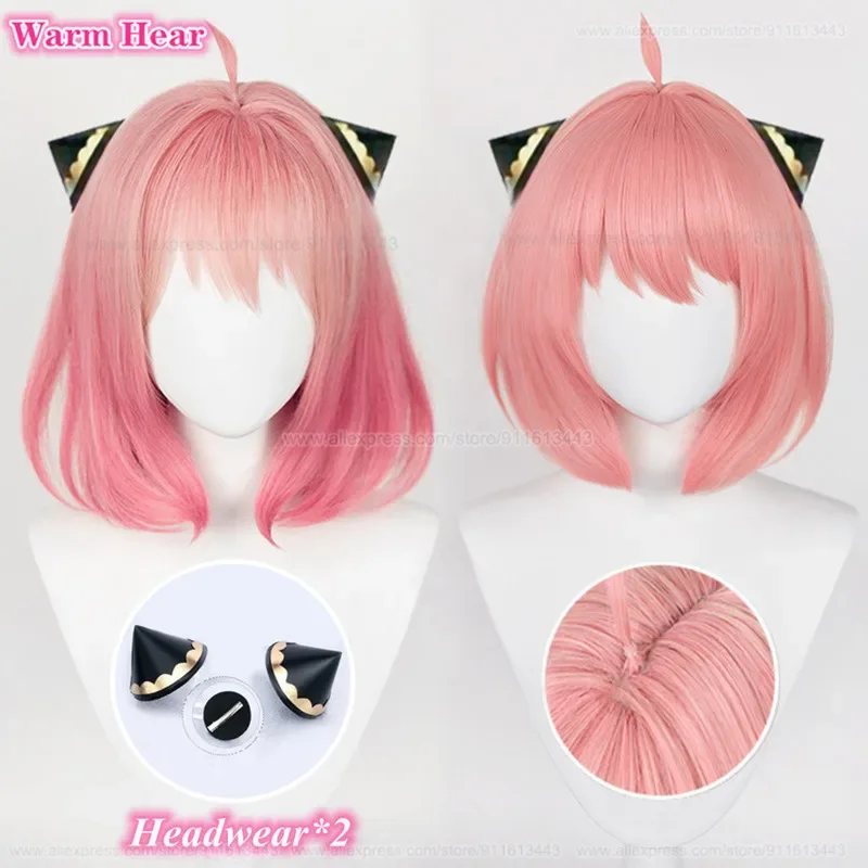 Anya Forger Peluca de Cosplay Unisex, pelo sintético resistente al calor, color rosa degradado, 35cm, gorro de peluca para fiesta de Halloween