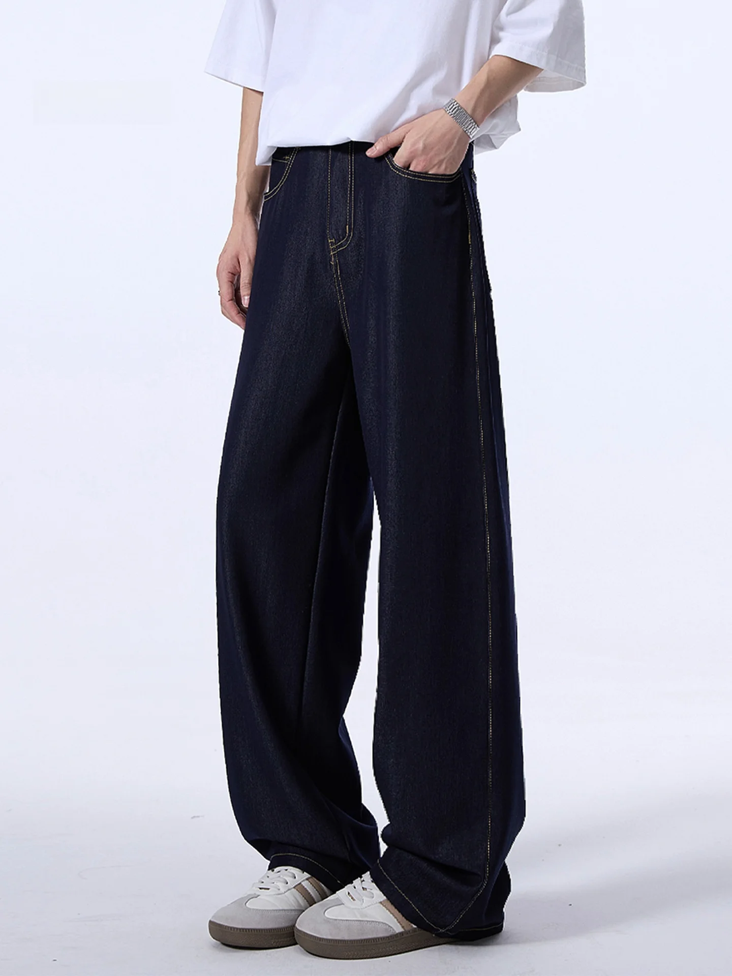 

WMNM Original Color Lyocell Ice Silk Men's Summer Thin Jeans CleanFit Washed Wide Leg Straight Tube Long Pants Casual Fashion