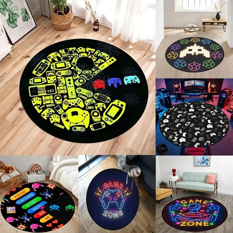 90s Classic Arcade Game Rug Video Gamer Carpet Gaming Round Rug Game Room Decor Gift for Gamer Colorful Round Rug Exquisite