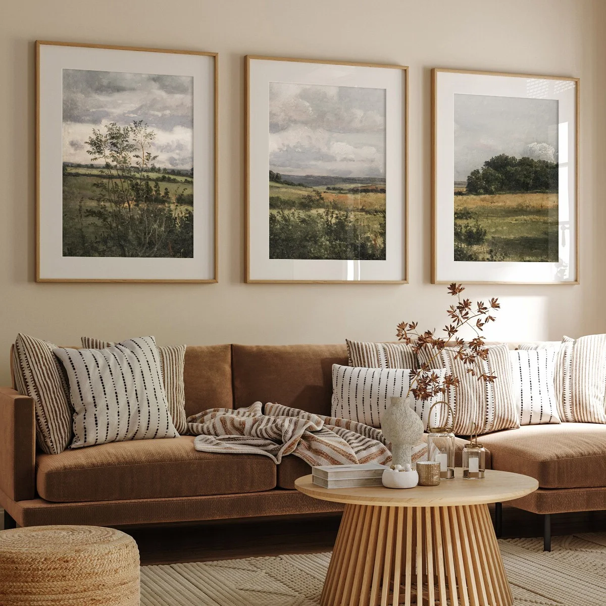 3pcs Vintage Landscape Canvas Painting Set Classical Art Print Green Field Scenery Wall Pictures Living Room Home Decor Unframed
