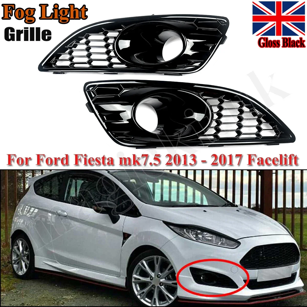 

FOR FORD FIESTA MK7.5 GLOSS BLACK HONEYCOMB FRONT FOG LIGHT COVER GRILLE 2013-17