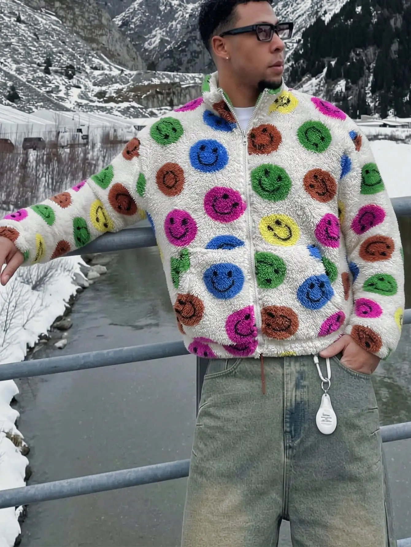Unisex Colorful Smiley-face Textured Streetwear Jacket—casual Style Suitable for Spring, Autumn, and Winter. Men Clothing