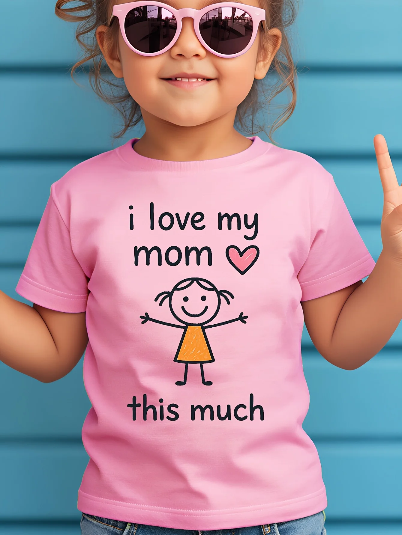 I Love My Mom Stick Figure Heart  T Shirt Boys Girls Family Match Cotton Short Sleeve Summer Children Daily Casual Basic Wear