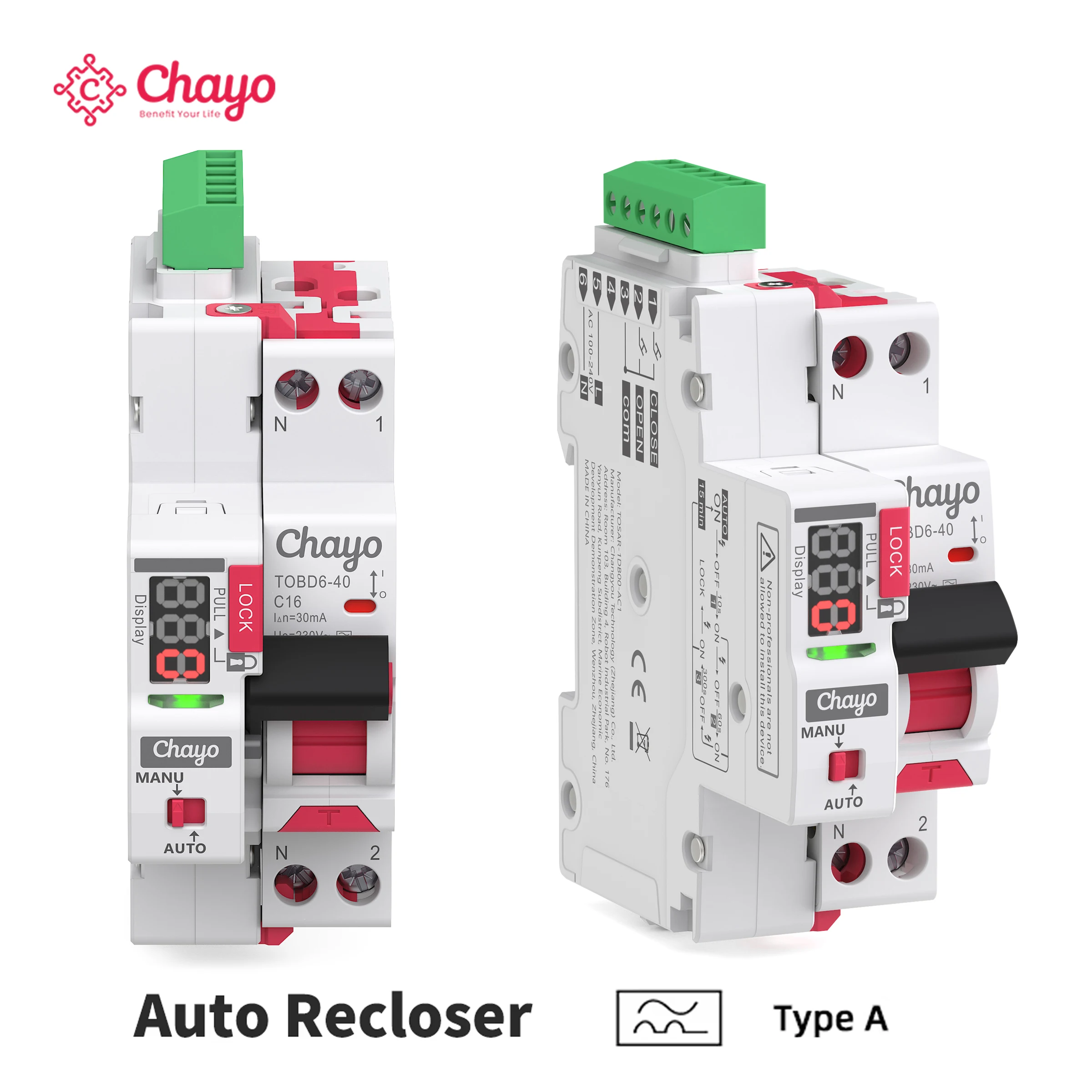 Chayo Type A RCBO Tuya Smart Auto Recloser 1P+N 10mA/30mA Circuit Breaker with Leakage and Overload Protection