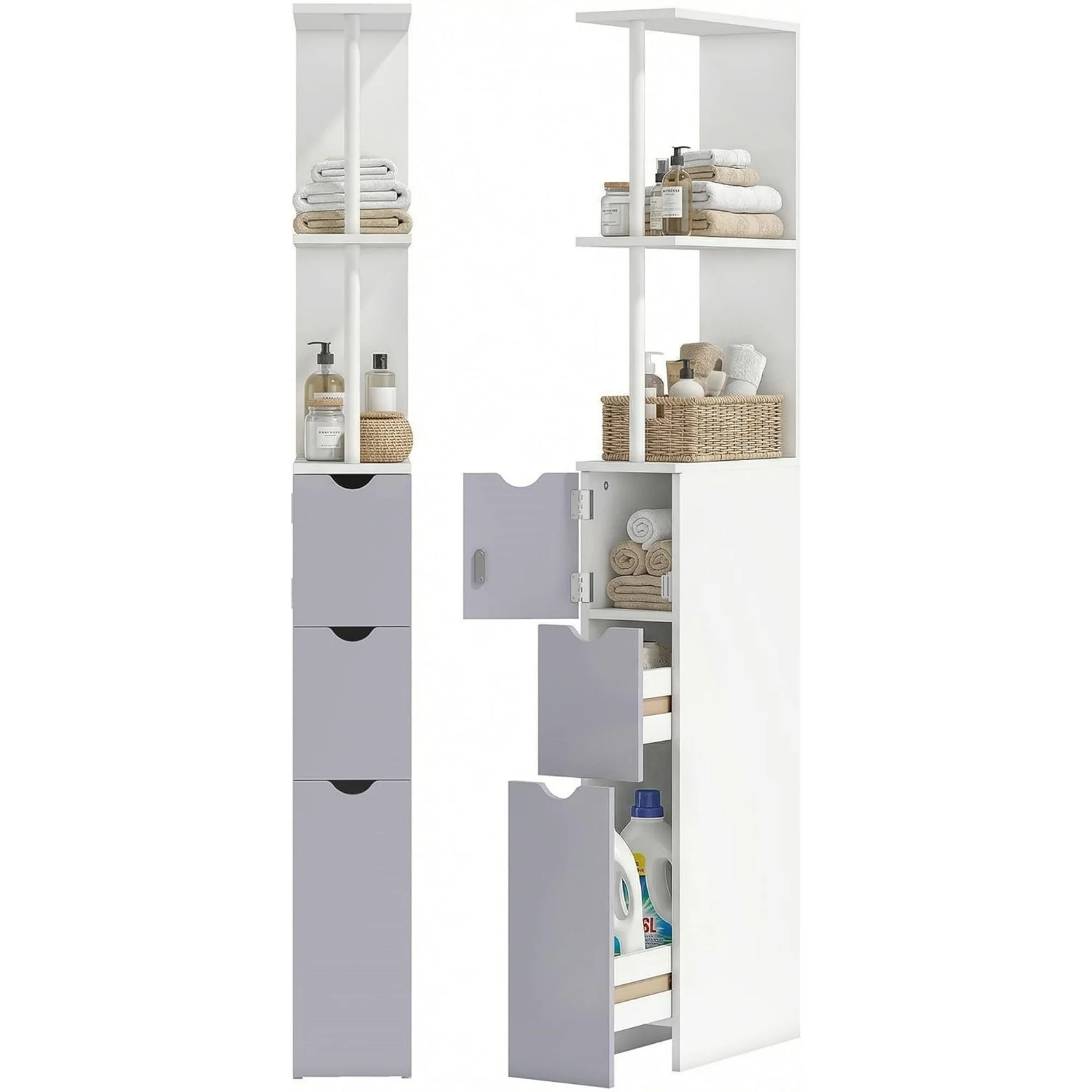 54" Tall Bathroom Storage Cabinet, Freestanding Linen Tower with 2-Tier Shelf and Drawers, Narrow Side Floor Organizer, White