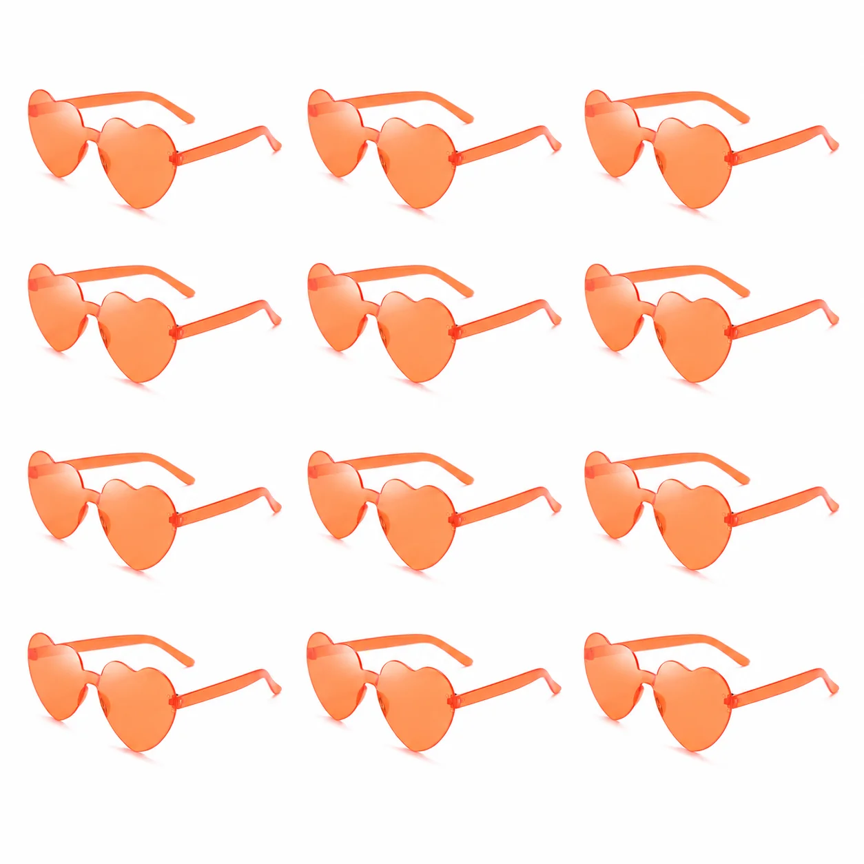12 Pack Rimless Heart Shaped Sunglasses, Orange-Red or Green Party Glasses for Group Photos, Costumes and Events