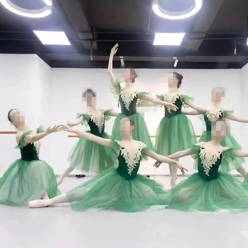 Falda larga de Ballet para niños y mujeres, tutú verde, disfraces de bailarina de baile del lago de los Cisnes, vestido de Ballet, Tops de terciopelo para niñas