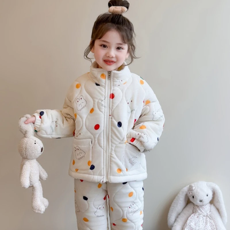 

Girls' 3-Layer Sherpa Pajama Set, Winter Cotton-Padded Loungewear with Cute Prints