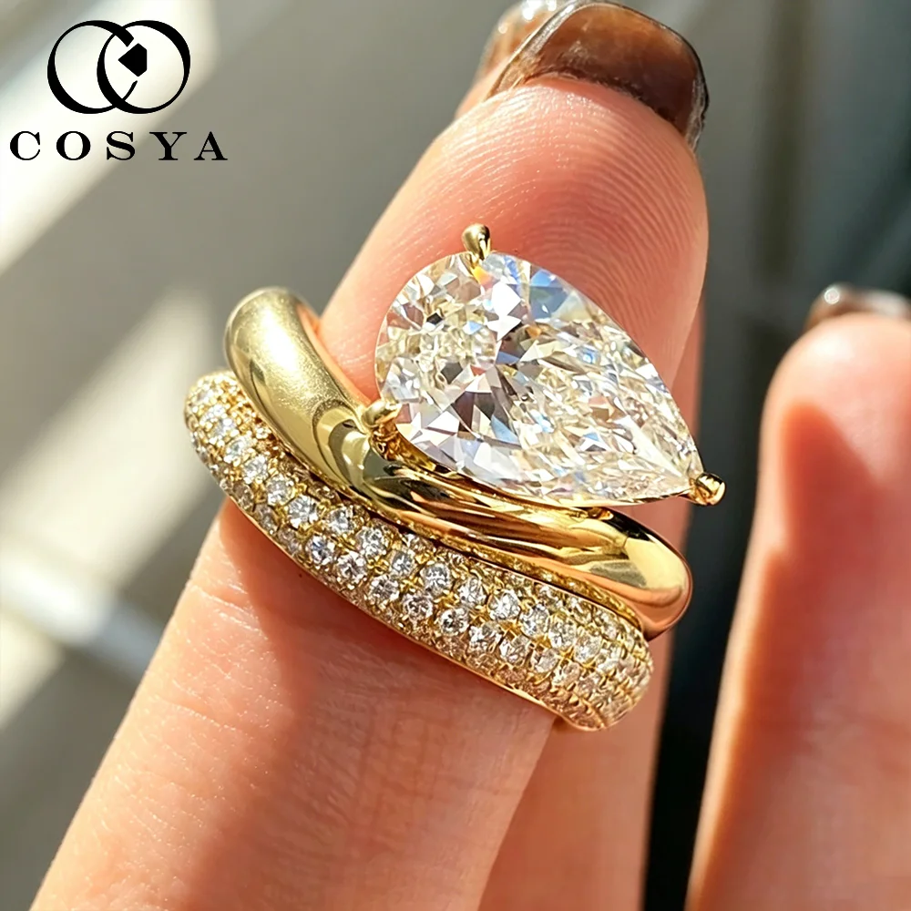 

COSYA 4CT Pear Cut Moissanite Ring Set for Women D Color Stackable Bands S925 Silver Plated 18K Gold Luxury Wedding Fine Jewelry