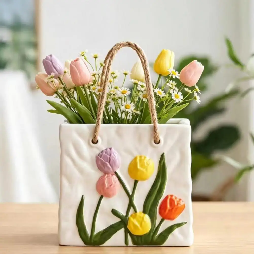Ceramic Handbag Vase Tulip Pattern Flower Pot Handbag Shaped Ceramic Vase with Tulip Flower Embossed Design Tote Bag Storage Box