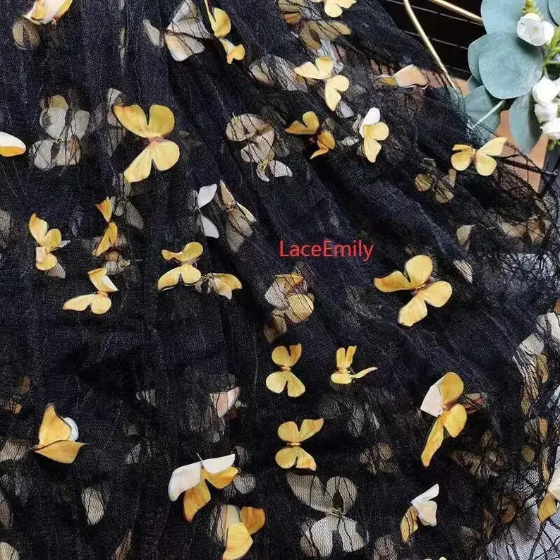 3D Butterfly Applique lace Fabric, Colorful Butterfly Embroidery Lace Fabric for Flower Girl Dress, Beach Dress, Party Dress,