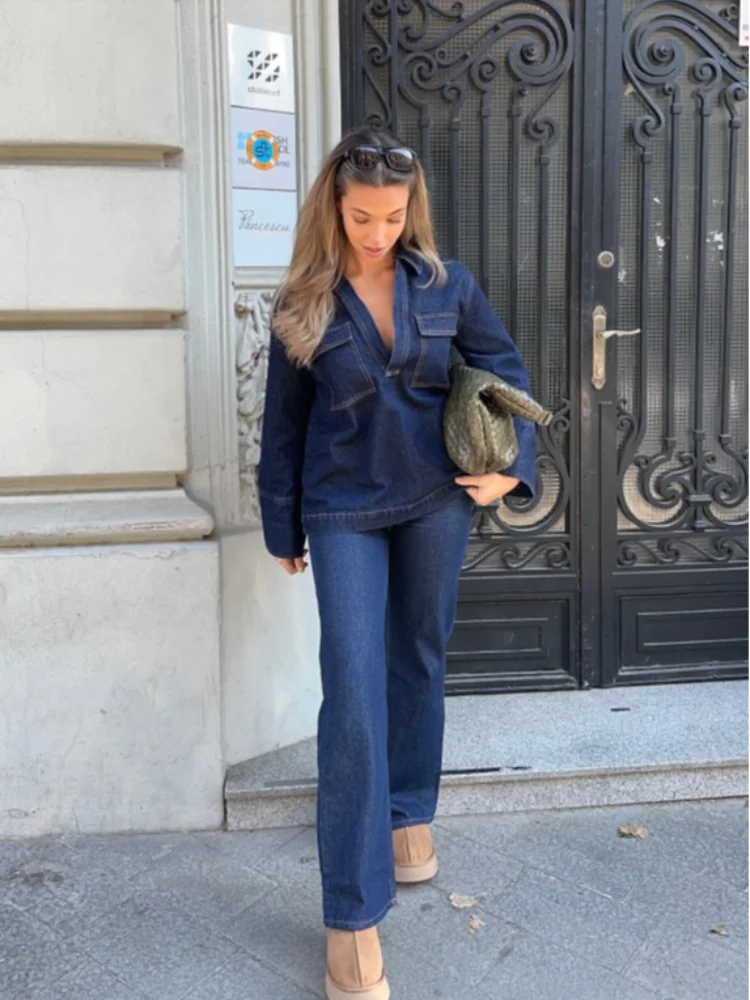 

High Street Denim Woman 2 Piece Outfit Set Loose V Neck Full Sleeve Pockets Coat High Waist Long Trousers Chic Lady Suit Office