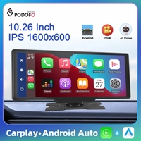 Podofo 10.26 ''HD Car DVR Rear Foward Camera Voice Control Wifi Android Auto & Carplay Video Recorder Dashboard BT FM Car Mirror