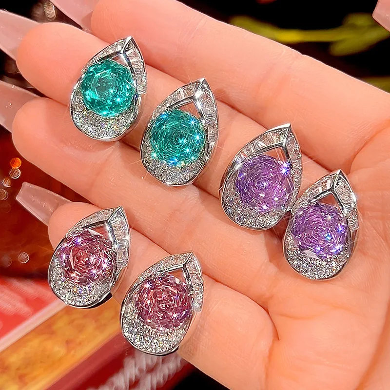 New popular jewelry: gold-plated copper base with rose-cut colored gemstones, simple stud earrings for women 10*10