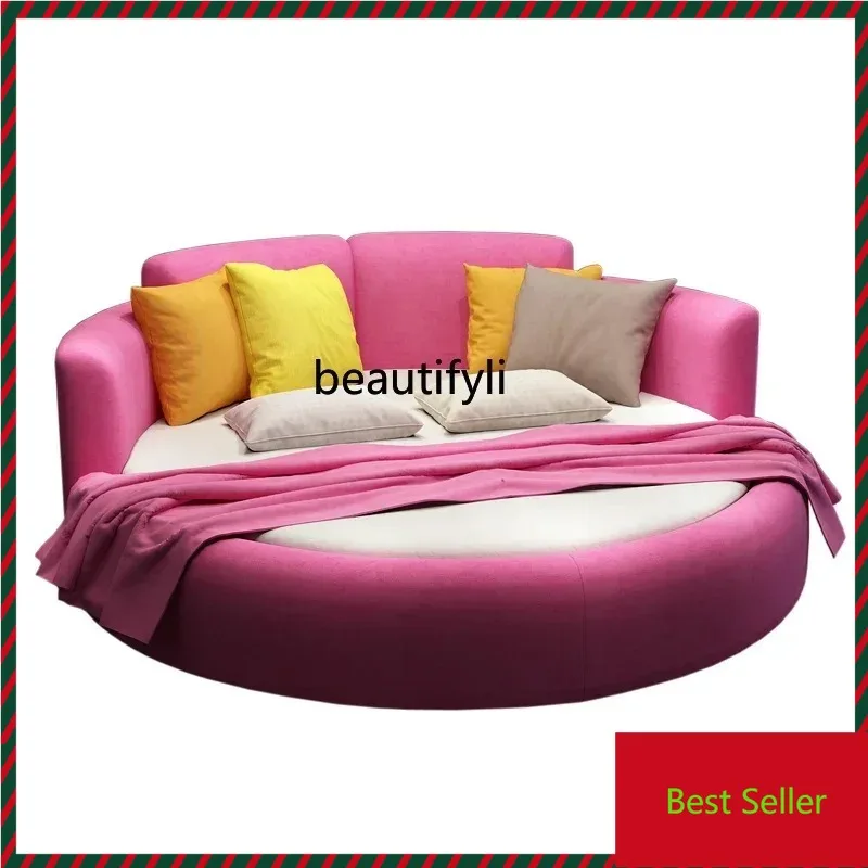 

Genuine Leather Large round Bed Double Master Bedroom Marriage Bed Hotel Fabric Couple Fun Marriage Bed