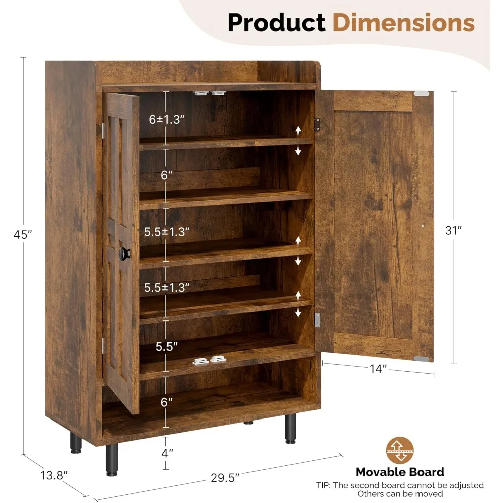 خزانة أحذية على طراز المزرعة مكونة من 6 طبقات مع أرفف قابلة للتعديل وأرجل معدنية لتخزين 18-24 زوجًا