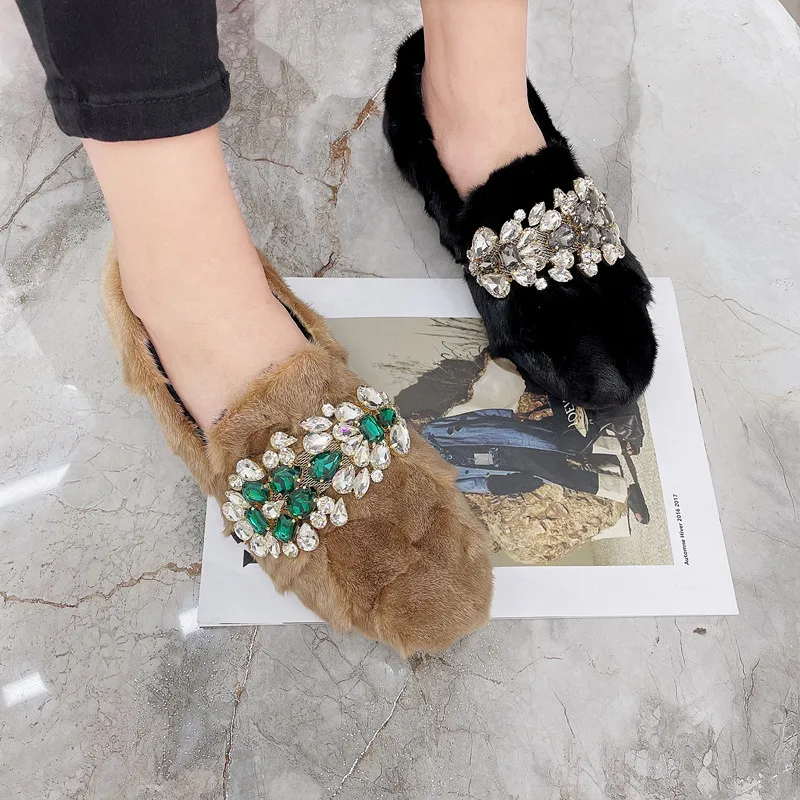 Real Mink Fur Women Loafers Casual Thick Sole Moccasins Crystal Winter Snow Shoes Woman Fur Espadrilles Flats Creepers