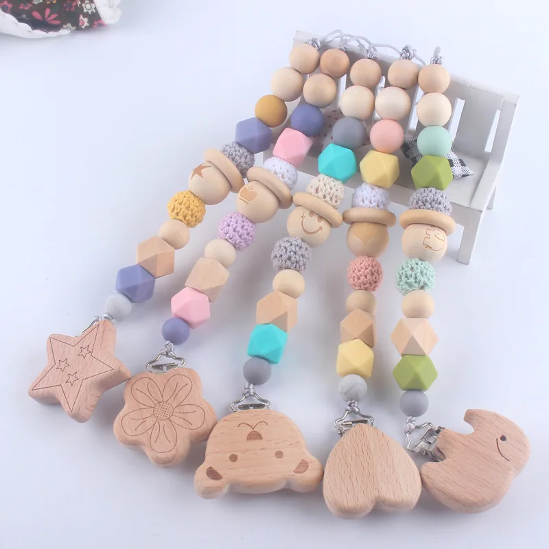 

ABCPICK Baby Personalized Name Handmade Silicone Wooden Pacifiers Clip Teething Chain Dummy Holder Anti-Lost Pacifier Chains