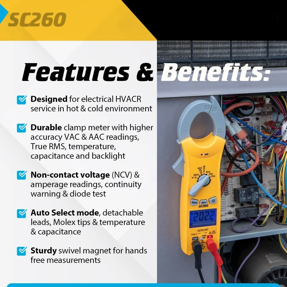 

Compact HVACR Clamp Multimeter SC260 – True RMS Clamp Meter with Temperature, Capacitance & Backlight