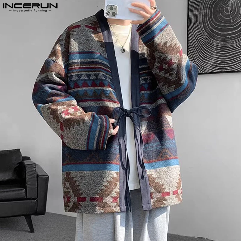 2024 INCERUN Men Casual Long Sleeve Warm Sweaters Printing The National Style Cardigan Loose Autumn Tip Up Handsome Kimonos